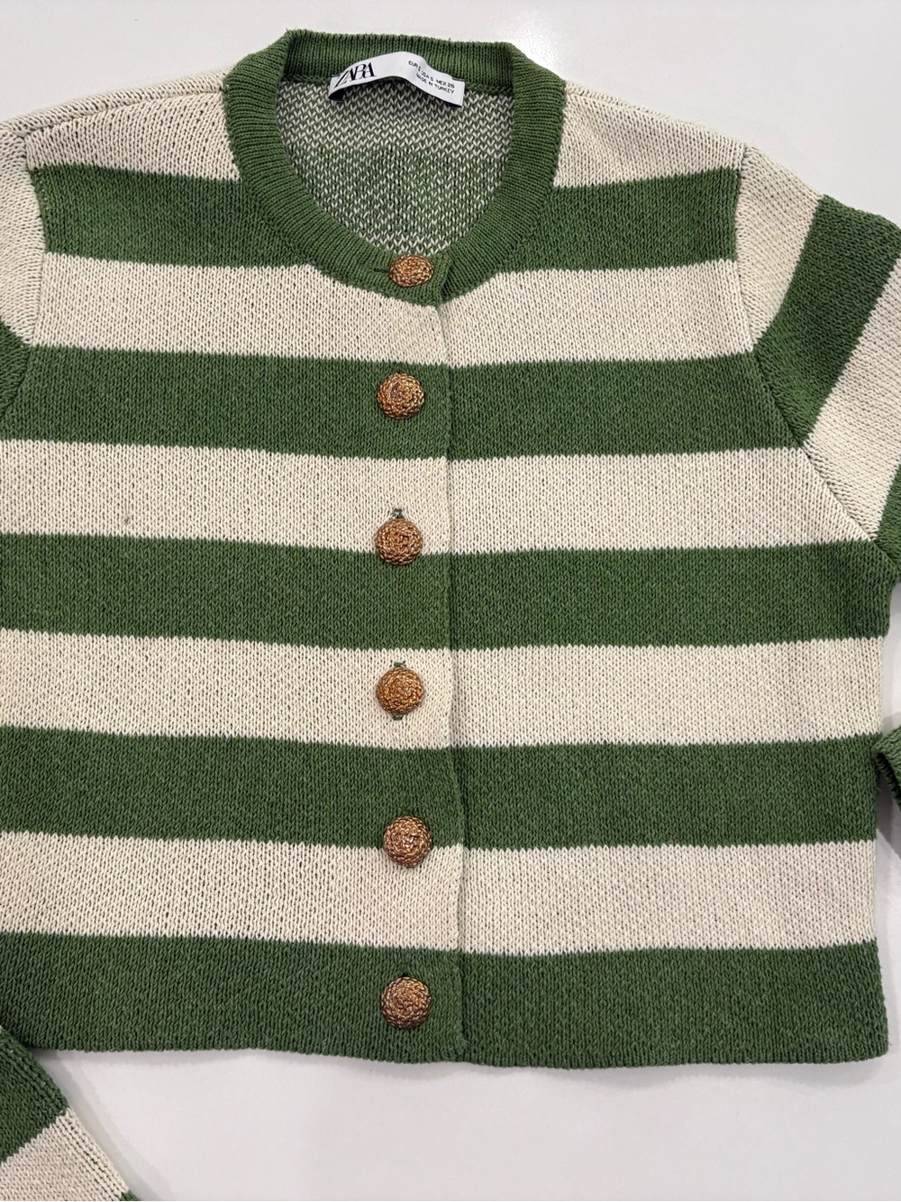 ZARA Green & Cream Striped Knit Cardigan Size Small - Picture 2 of 10